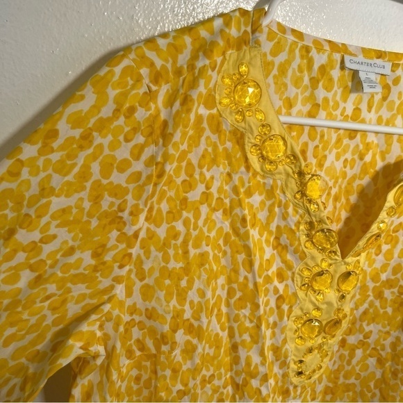Charter Club Split Neck Tunic Top Yellow White Beaded - Picture 4 of 11